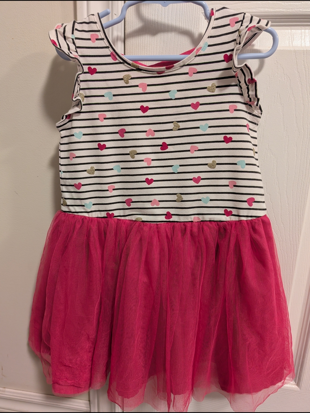 Girl's White Stripe Dress with Pink Tulle & Gold Hearts